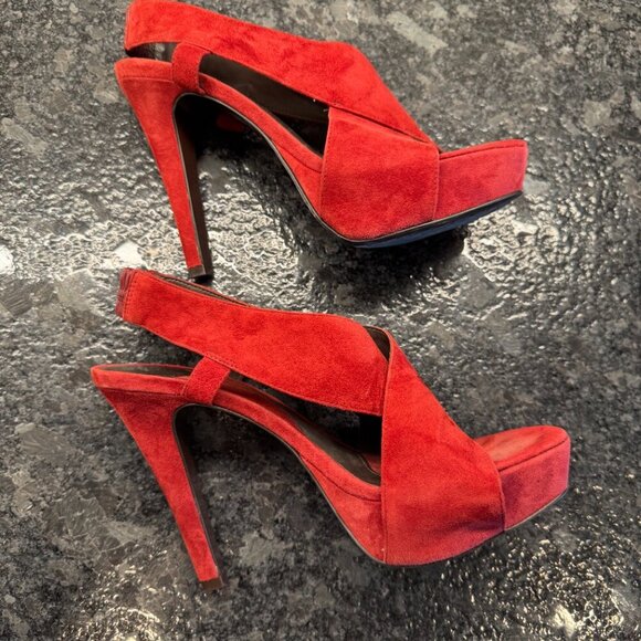 Diane von Furstenberg red suede slingback peep toe heels size 8.5M - Picture 9 of 12